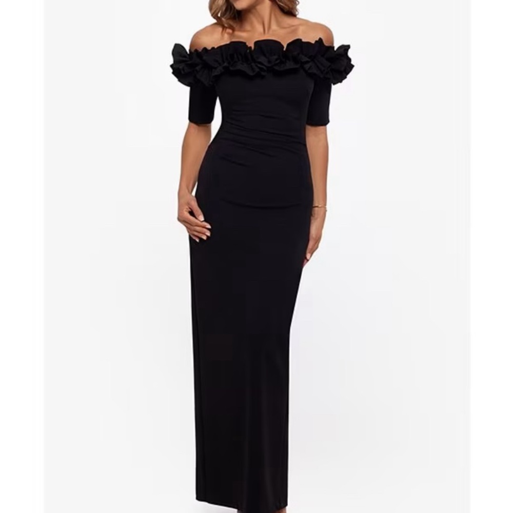 XSCAPE Ruffled Off-the-Shoulder Navy blue Short Sleeve Crepe Sheath Gown